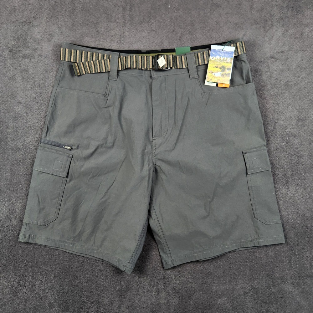 Orvis Tech Cargo Shorts Mens 36 Gray Lightweight Stretch Nylon Hiking Belted NEW